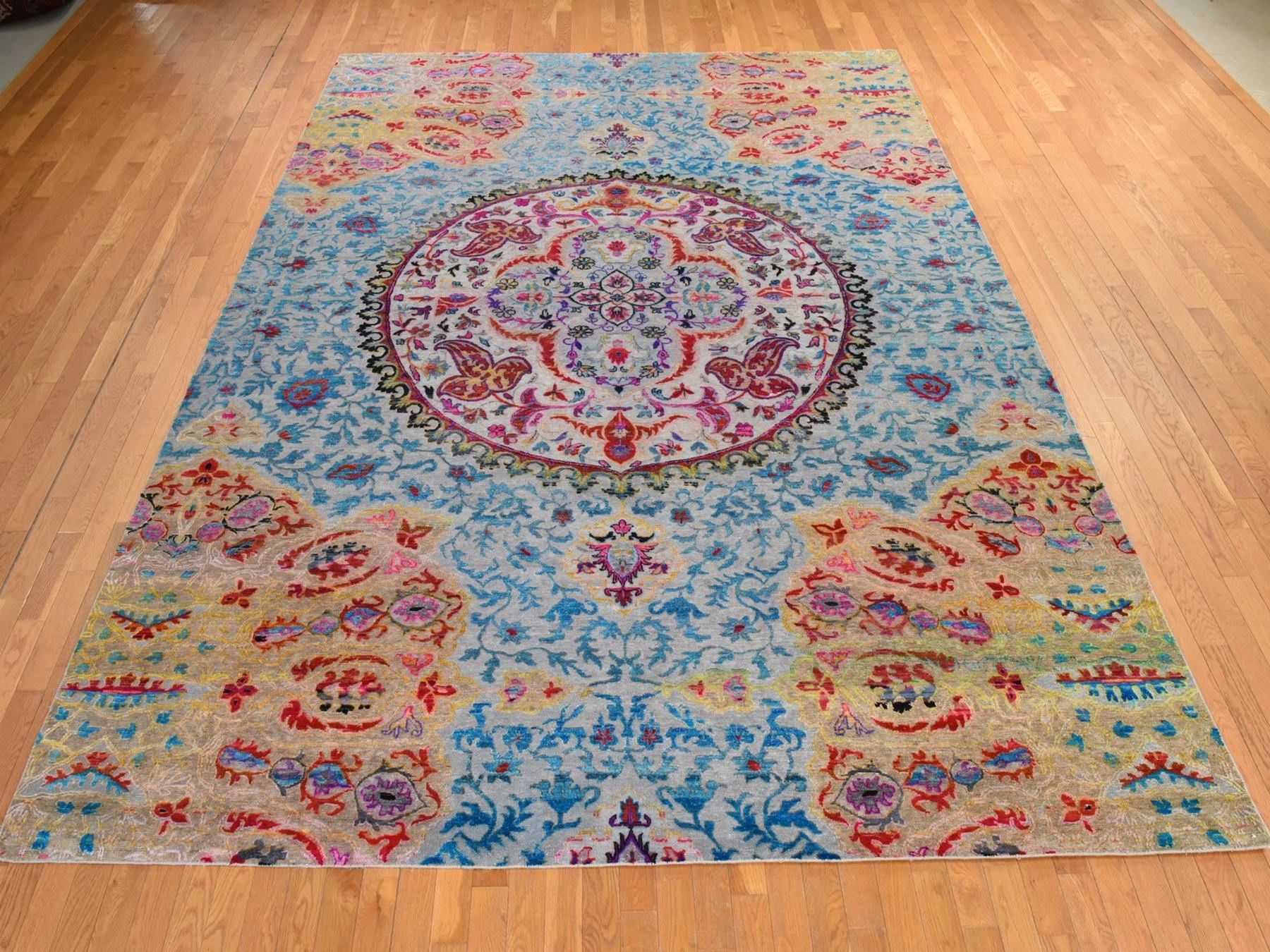 9'9"x13'8" Bayern Blue, Colorful Maharaja Design, Hand Knotted, Sari Silk and Textured Wool, Oriental Rug HR78845 - Image 2