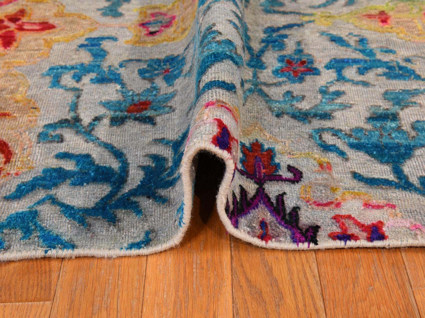 9'9"x13'8" Bayern Blue, Colorful Maharaja Design, Hand Knotted, Sari Silk and Textured Wool, Oriental Rug HR78845 - Image 9