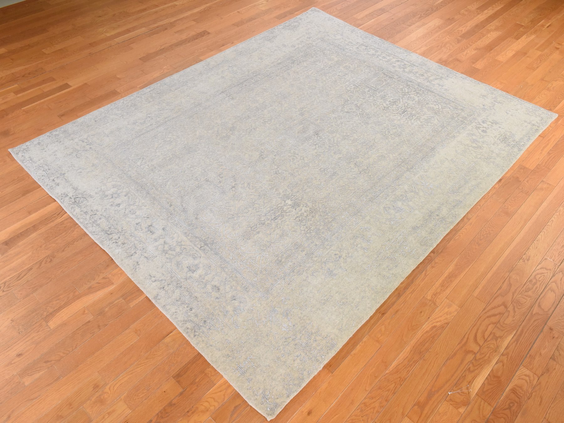 8'x10' Khaki Brown, Erased Design, Modern, Fine Jacquard Hand Loomed, Wool and Plant Based Silk, Oriental Rug HR78851 - Image 4