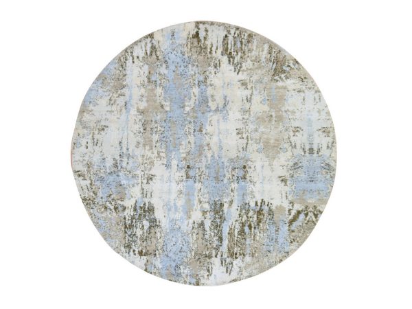 8'x8' Ivory and Blue, Modern Abstract Design, Wool with Real Silk, Denser Weave, Hi-Low Pile, Hand Knotted, Round, Oriental Rug HR78854