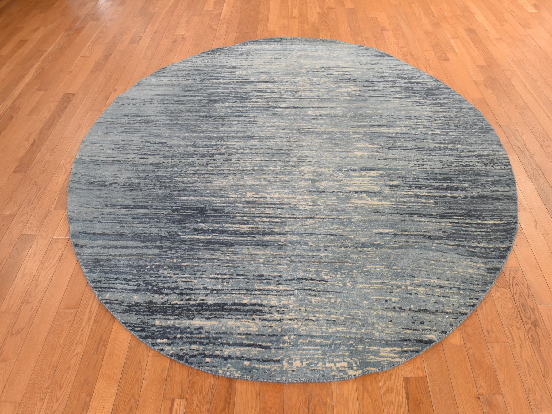 8'x8' Blue Oceanic, Horizontal Ombre Design, Hand Knotted, Pure Wool, Densely Woven, Round, Oriental Rug HR78855 - Image 2
