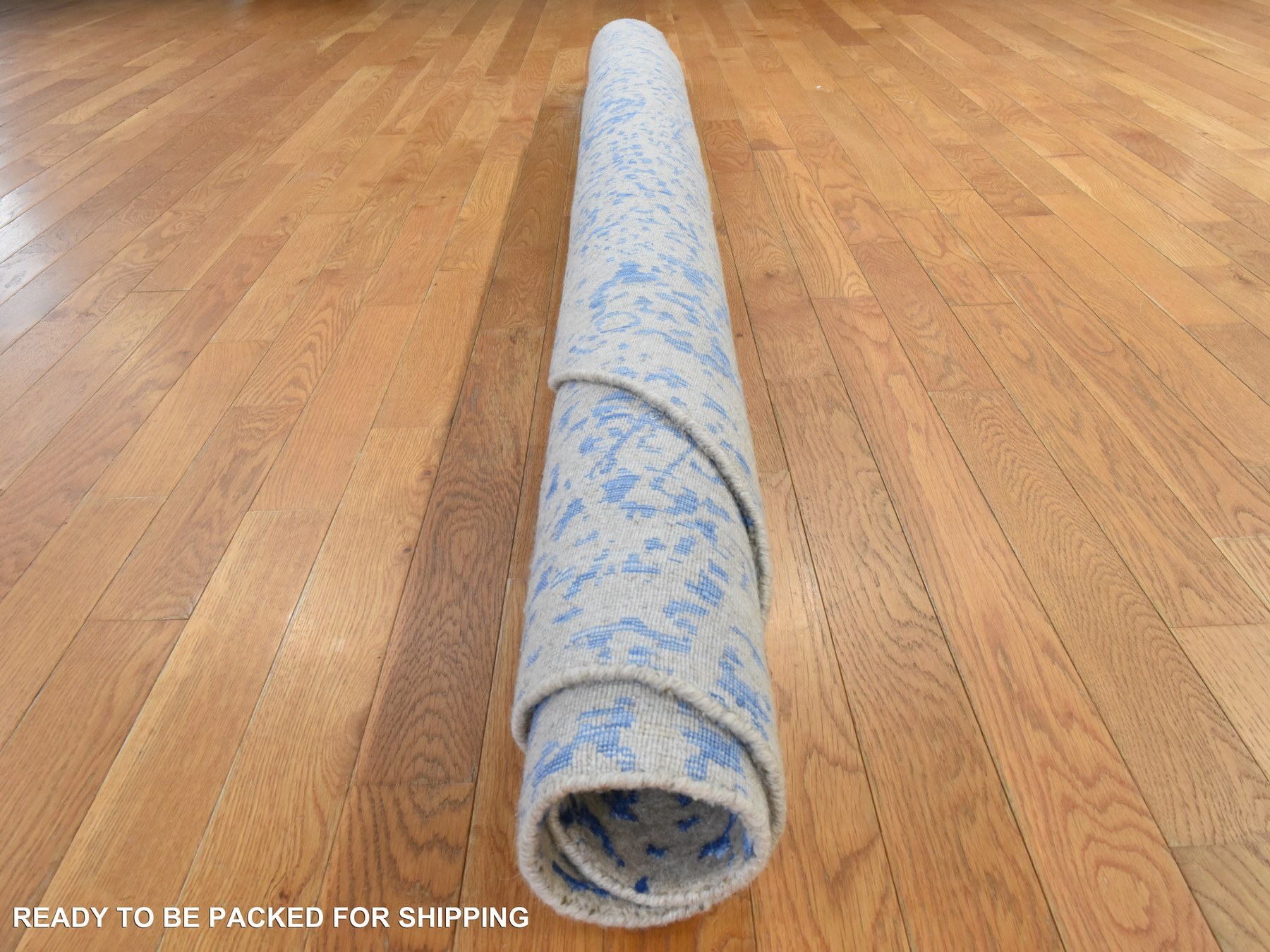 8'x8' Beige with Blue, Mamluk Design, Fine Jacquard Hand Loomed, Tone on Tone, Wool and Silk, Round, Oriental Rug HR78858 - Image 9