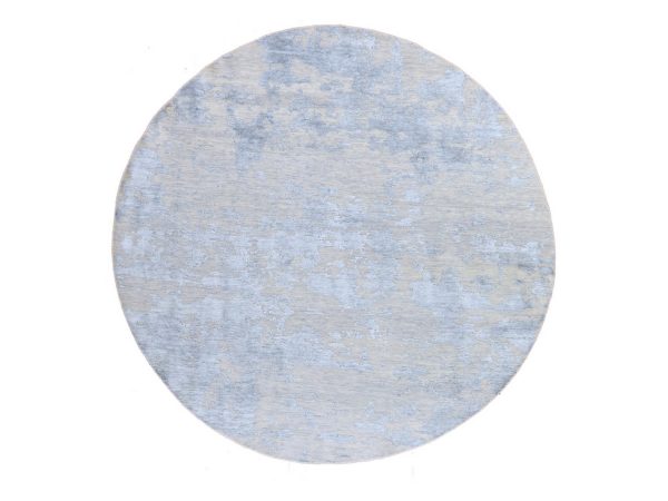 8'x8' Pastel Gray, Modern Abstract Design, Tone on Tone, Hand Knotted, Wool and Silk, Hi-Low Pile, Denser Weave, Round, Oriental Rug HR78859
