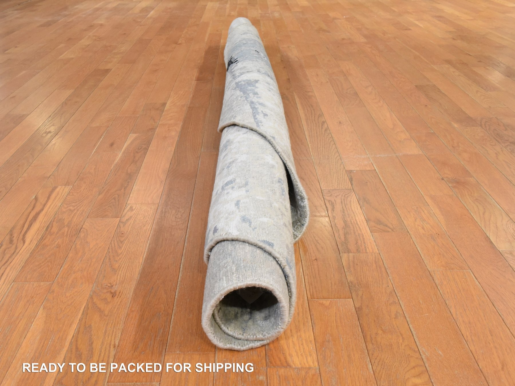 8'x8' Beige-Gray, Modern Abstract Design, Hand Knotted, Wool & Silk, Round, Oriental Rug HR78861 - Image 9