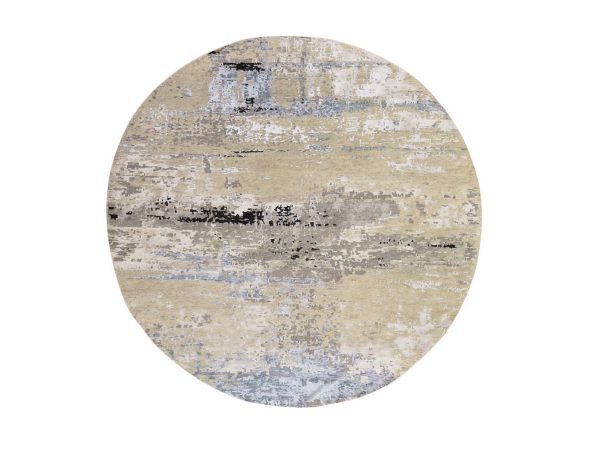 8'x8' Beige-Gray, Modern Abstract Design, Wool & Silk, Hand Knotted, Round, Oriental Rug HR78862