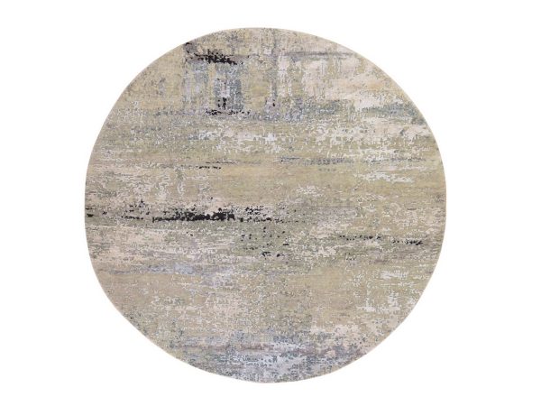 7'x7' Beige-Gray, Modern Abstract Design, Hand Knotted, Wool & Silk, Round, Oriental Rug HR78863