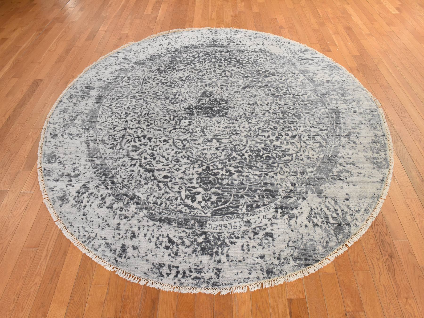 8'x8' Silver Gray, Broken and Erased Persian Design, Tone on Tone, Hand Knotted, Wool and Pure Silk, Round, Oriental Rug HR78864 - Image 2