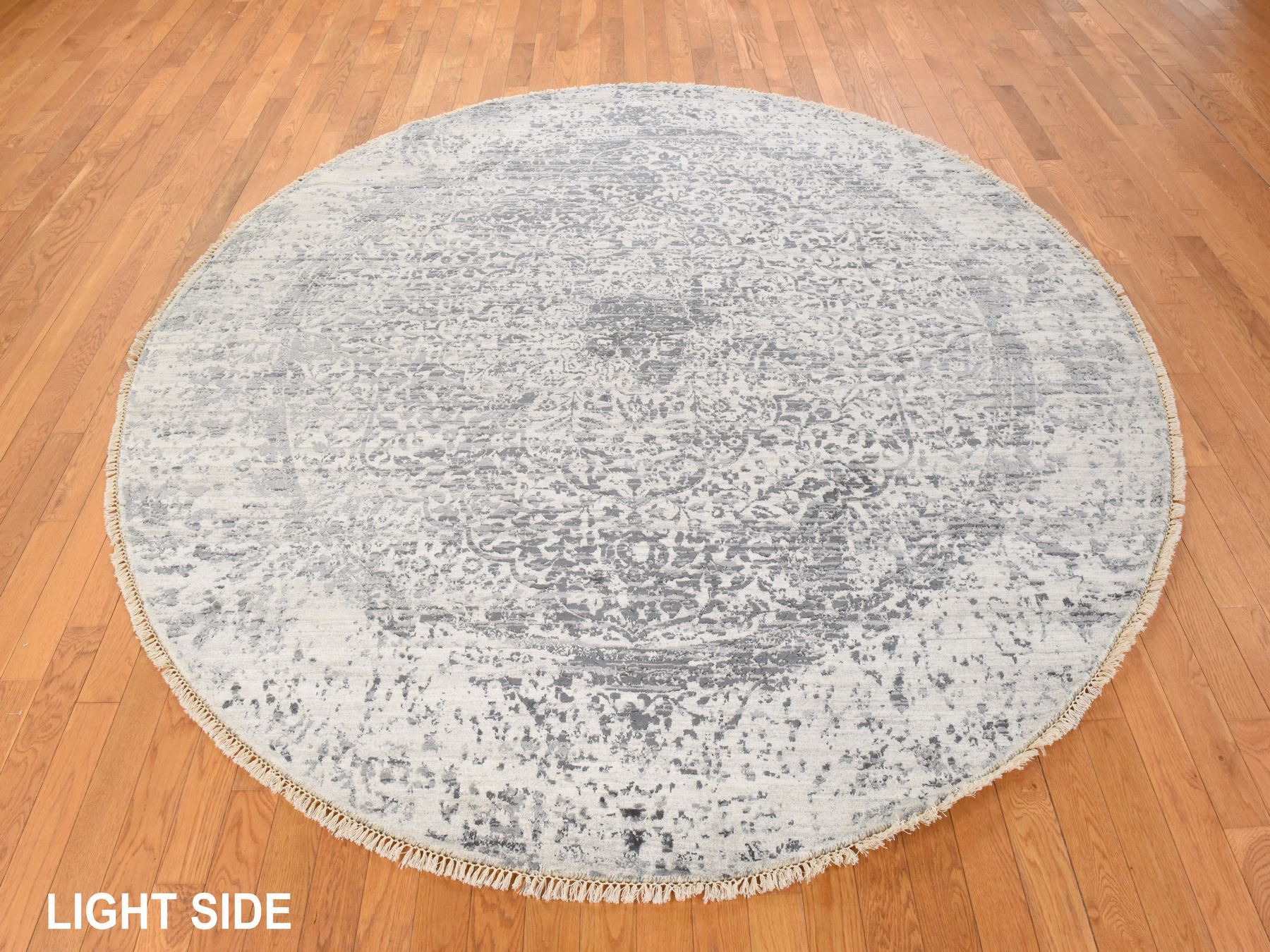 8'x8' Silver Gray, Broken and Erased Persian Design, Tone on Tone, Hand Knotted, Wool and Pure Silk, Round, Oriental Rug HR78864 - Image 3