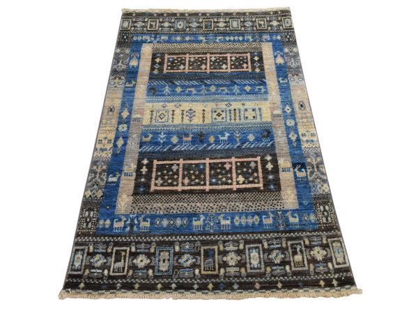 2'10"x4'10" Bayern Blue, Folk Art Kashkuli Gabbeh with Small Animal Figurines, Hand Knotted, Pure Wool, Oriental Rug HR78865