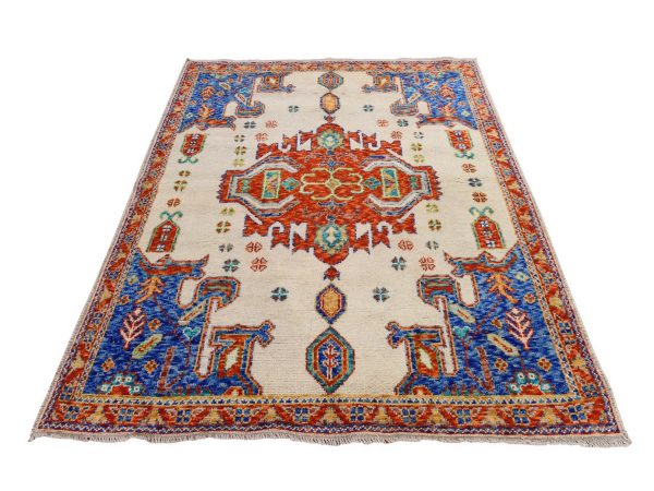 5'x6'7" Lace White, Afghan Baluch with Tribal Design, Hand Knotted, Pure Wool, Oriental Rug HR78867