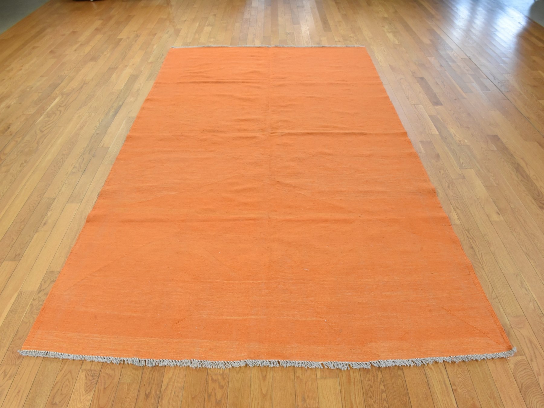 6'4"x9'9" Vivid Orange, Plain Solid Design, Afghan Kilim, Hand Woven, Flat Weave, 100% Wool, Reversible, Oriental Rug HR78870 - Image 3