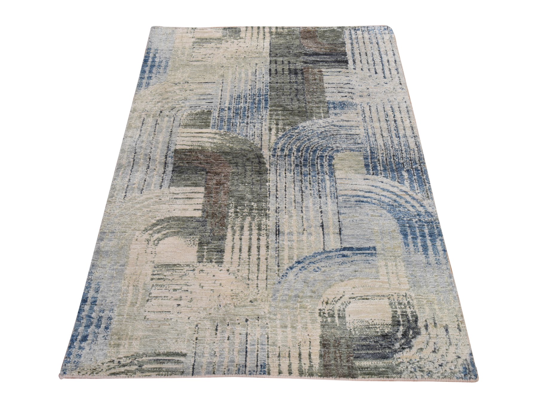 3'1"x5' Whisper White, THE INTERTWINED PASSAGE, Silk with Textured Wool, Hand Knotted, Oriental Rug HR78874