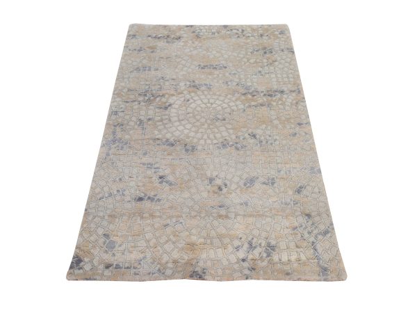 3'x5' Beige, Wool and Pure Silk, Mosaic Design, Hand Knotted, Modern, Oriental Rug HR78886