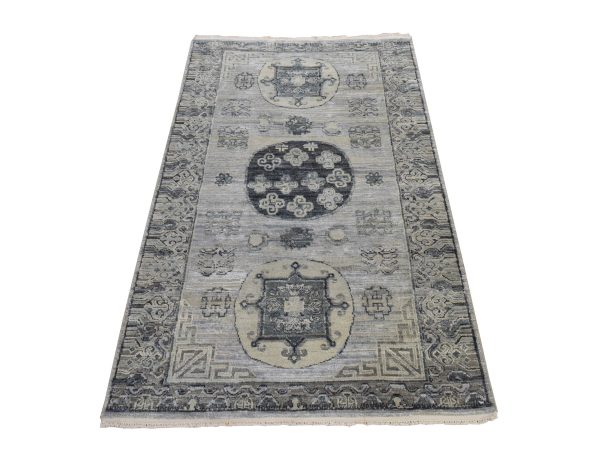 3'x5'2" Spanish Gray, Khotan Design with Geometric Medallions, Pure Silk with Textured Wool, Hand Knotted, Oriental Rug HR78888
