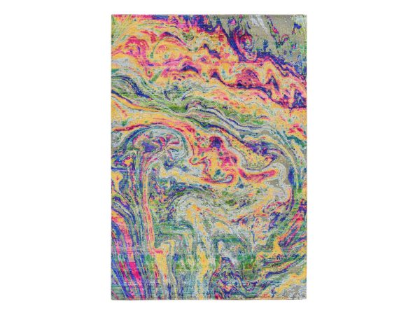 5'10"x8'8" Colorful, THE LAVA DESIGN, Hand Knotted, Sari Silk with Textured Wool, Oriental Rug HR78891