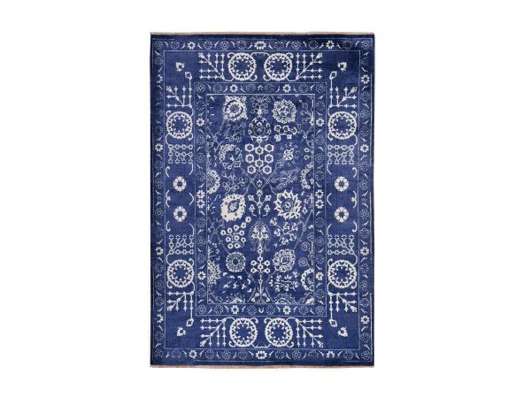 6'2"x9' Yale Blue, Tabriz with All Over Design, Hand Knotted, Wool and Silk, Tone On Tone, Oriental Rug HR78892