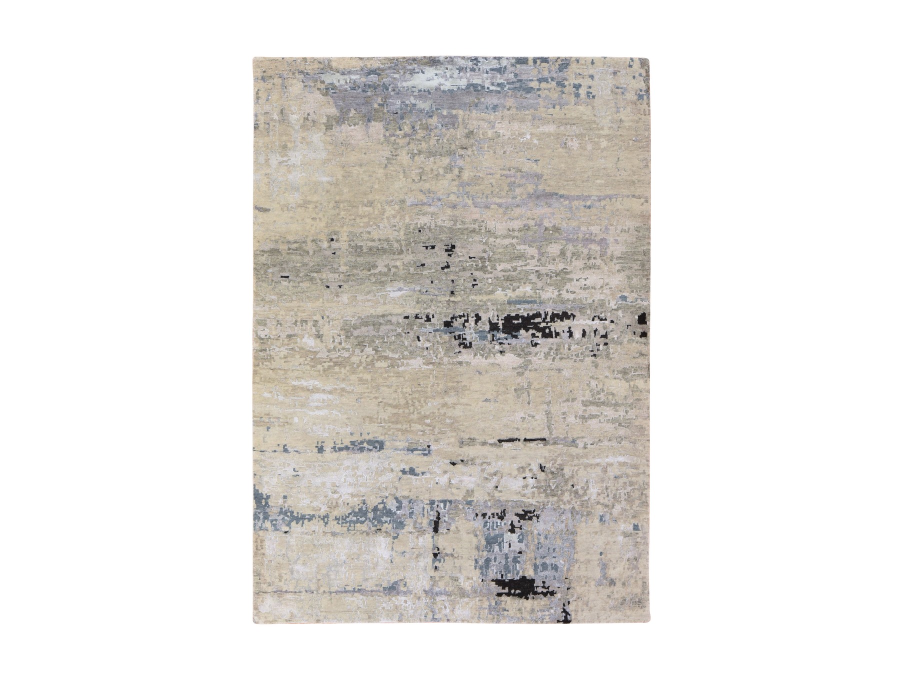 6'3"x8'10" Beige-Gray, Modern Abstract Design, Hand Knotted, Wool & Silk, Hi-Low Pile, Oriental Rug HR78896