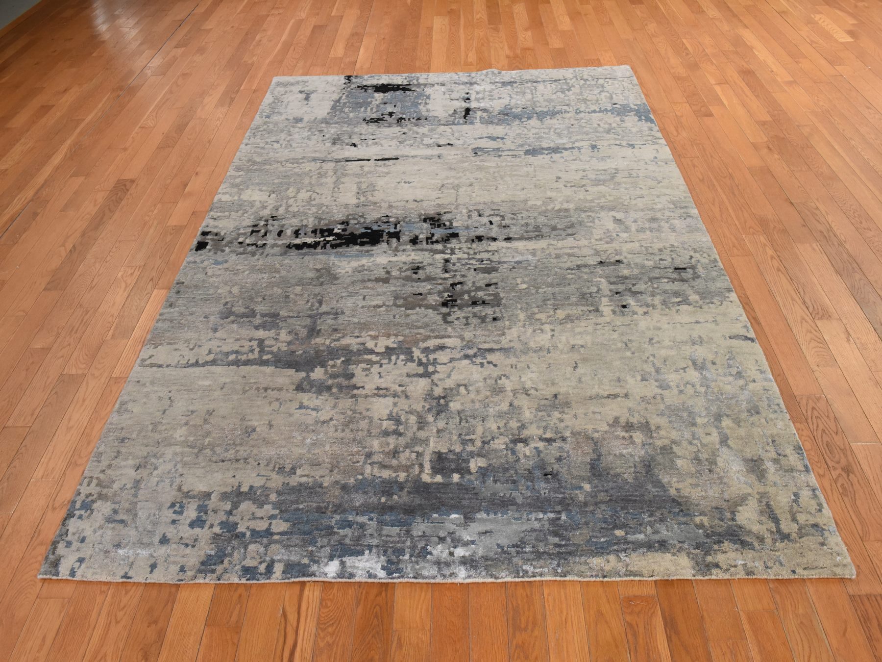6'3"x8'10" Beige-Gray, Modern Abstract Design, Hand Knotted, Wool & Silk, Hi-Low Pile, Oriental Rug HR78896 - Image 2