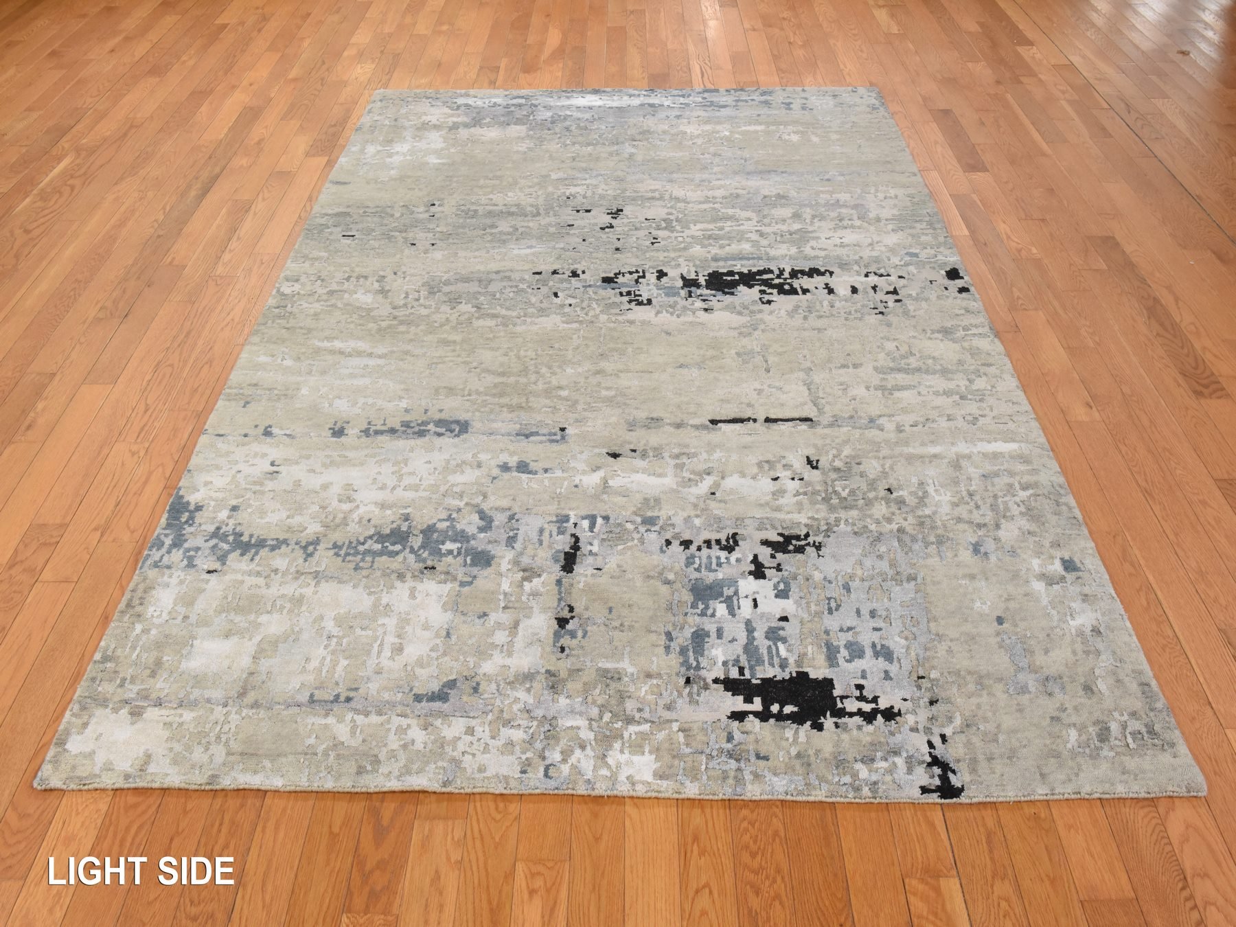 6'3"x8'10" Beige-Gray, Modern Abstract Design, Hand Knotted, Wool & Silk, Hi-Low Pile, Oriental Rug HR78896 - Image 3