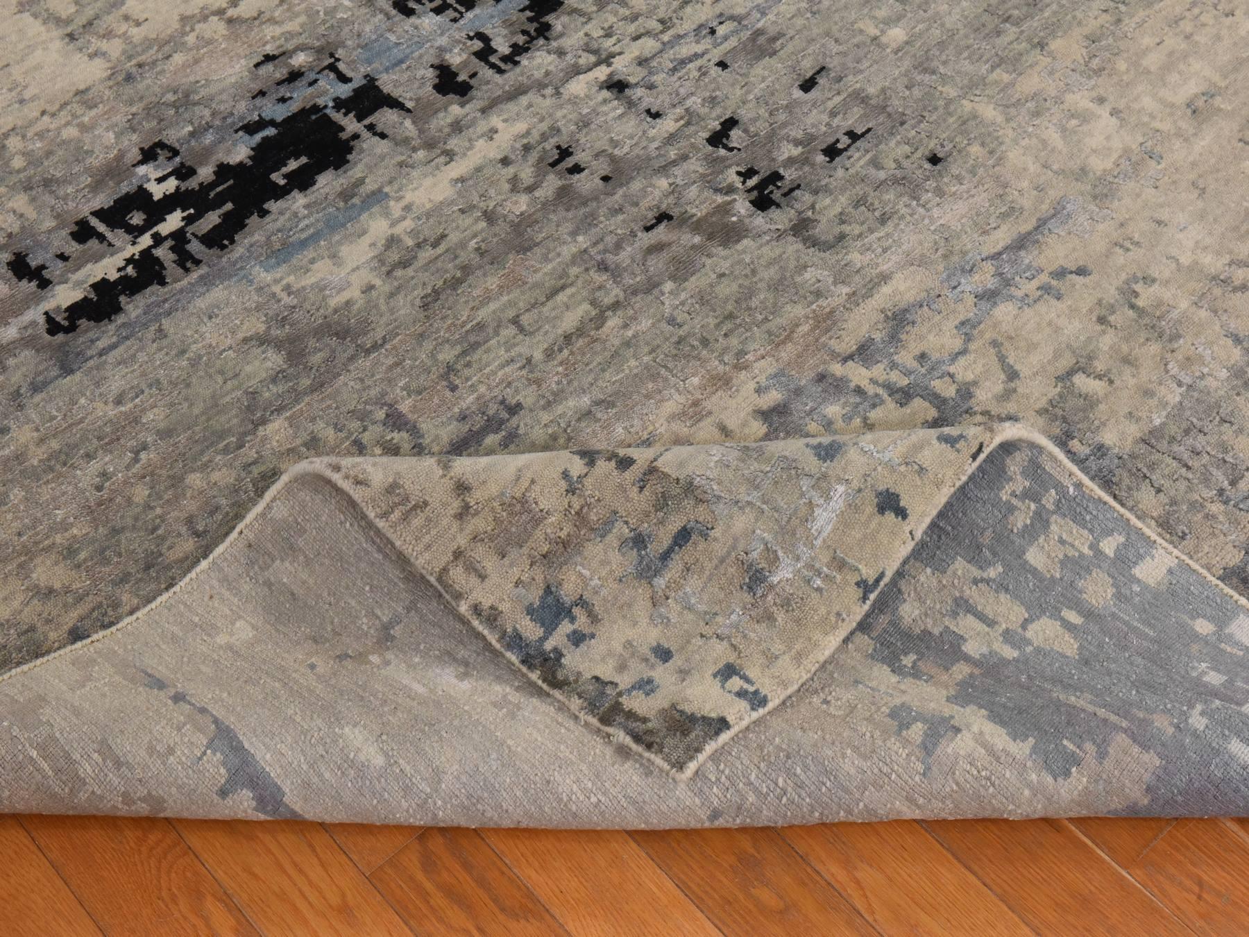 6'3"x8'10" Beige-Gray, Modern Abstract Design, Hand Knotted, Wool & Silk, Hi-Low Pile, Oriental Rug HR78896 - Image 8