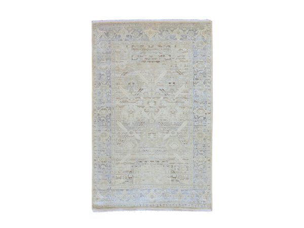 6'x9'5" Swan White, Oushak with Geometric Motif, Hand Knotted, Pure Silk and Textured Wool, Oriental Rug HR78897
