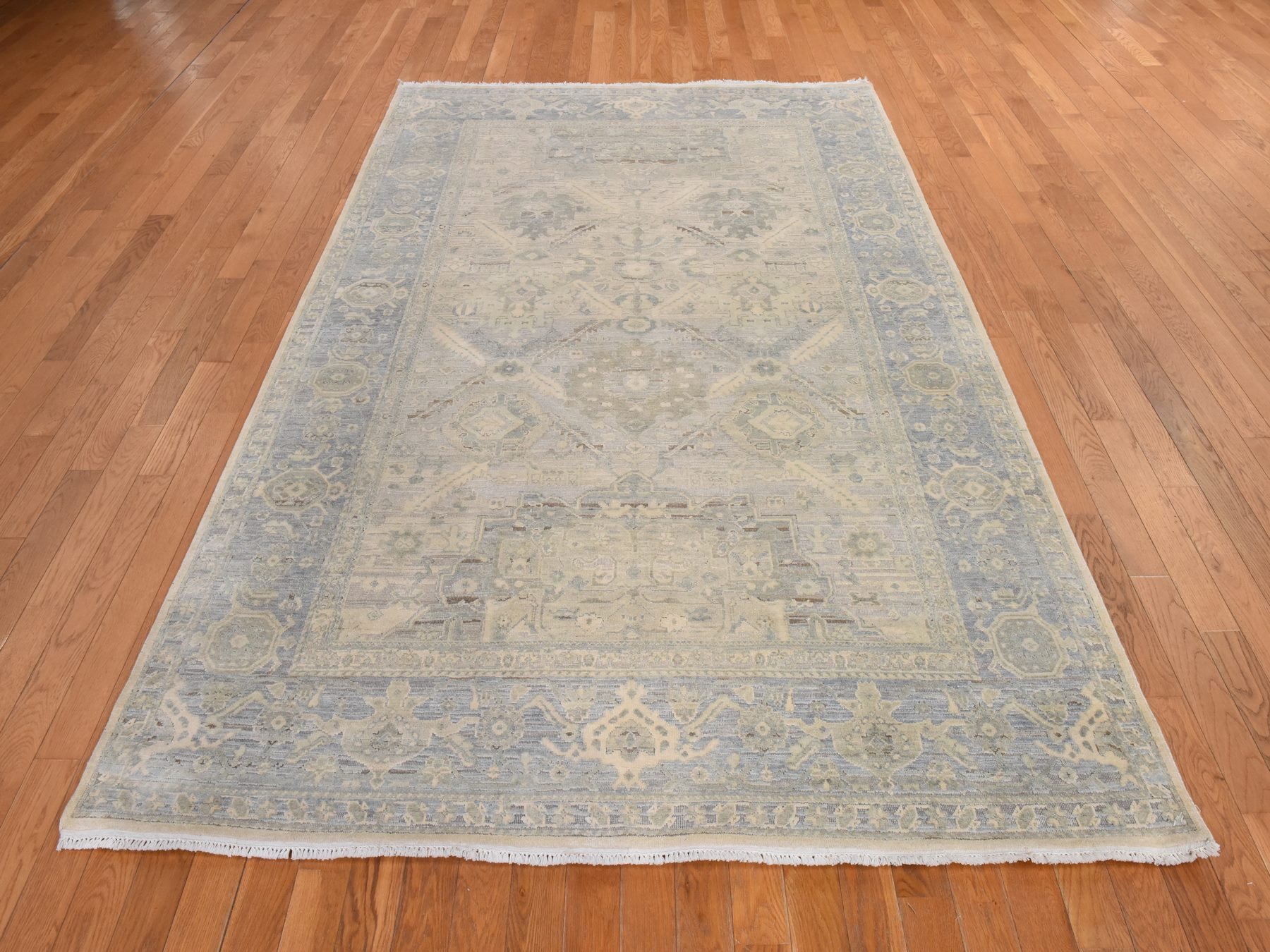 6'x9'5" Swan White, Oushak with Geometric Motif, Hand Knotted, Pure Silk and Textured Wool, Oriental Rug HR78897 - Image 2