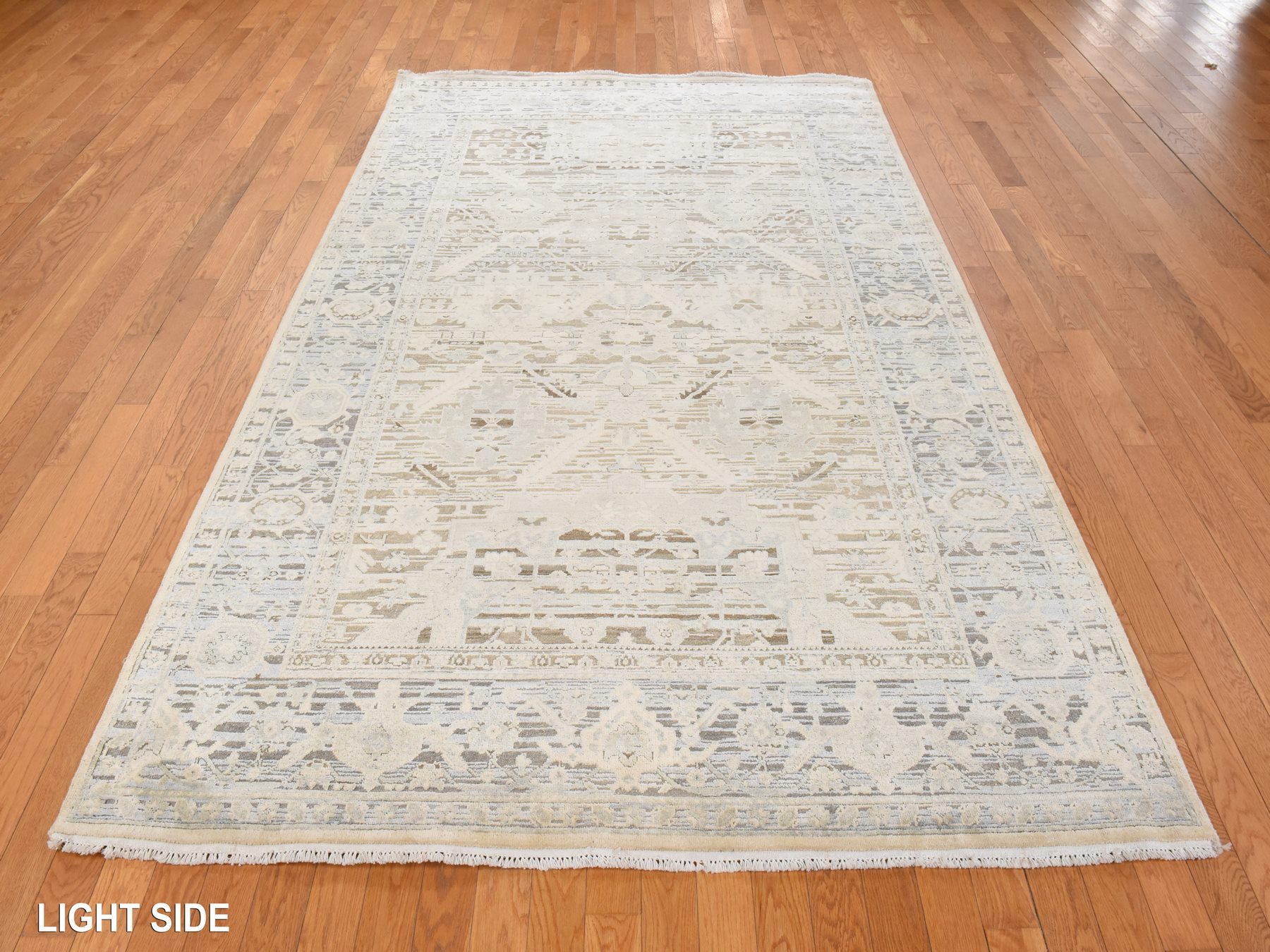 6'x9'5" Swan White, Oushak with Geometric Motif, Hand Knotted, Pure Silk and Textured Wool, Oriental Rug HR78897 - Image 3