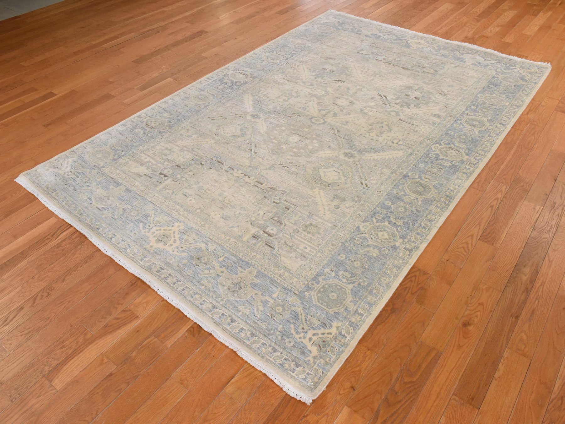 6'x9'5" Swan White, Oushak with Geometric Motif, Hand Knotted, Pure Silk and Textured Wool, Oriental Rug HR78897 - Image 4