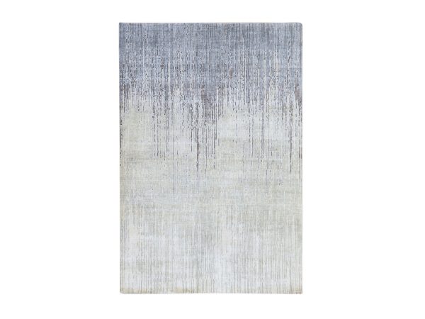 6'x8'10" Shades of Gray, Vertical Ombre Design, Pure Silk, Hand Knotted, Oriental Rug HR78898