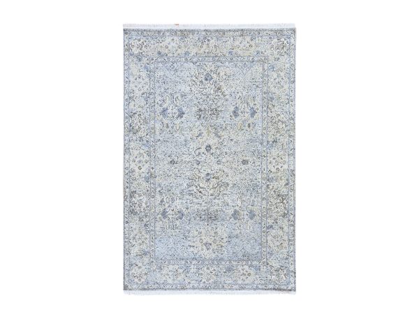 6'x9'3" Ivory and Blue, Oushak Design, Distressed, Pure Silk with Textured Wool, Hand Knotted, Oriental Rug HR78899