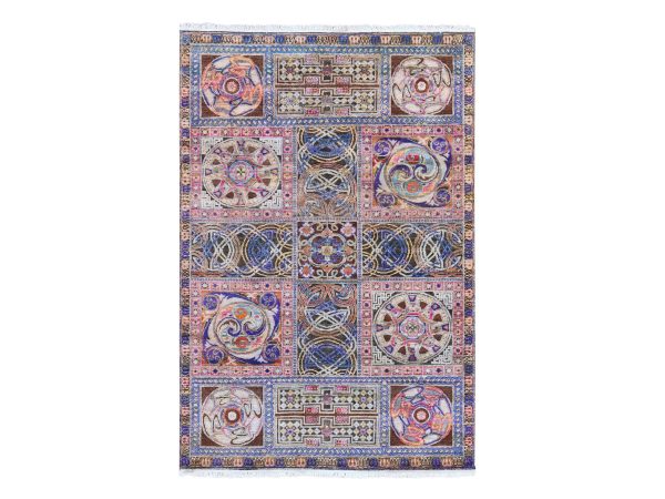 6'1"x9' Chocolate Brown, Pure Silk, Arts and Crafts Block Design, Hand Knotted, Oriental Rug HR78903