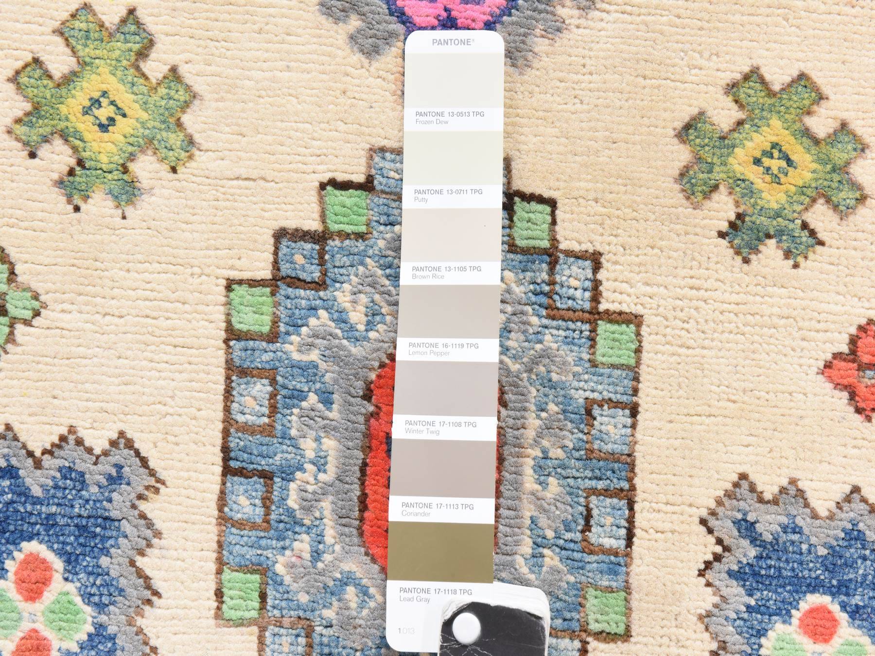 3'1"x4'9" Parchment White, Colorful Fusion Kazak with Geometric Design, Hand Knotted, Pure Wool, Oriental Rug HR78904 - Image 4