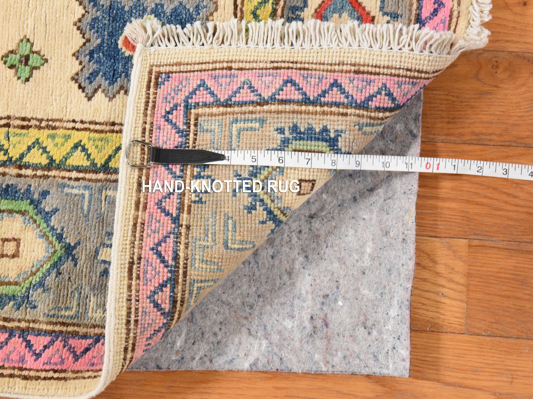3'1"x4'9" Parchment White, Colorful Fusion Kazak with Geometric Design, Hand Knotted, Pure Wool, Oriental Rug HR78904 - Image 5