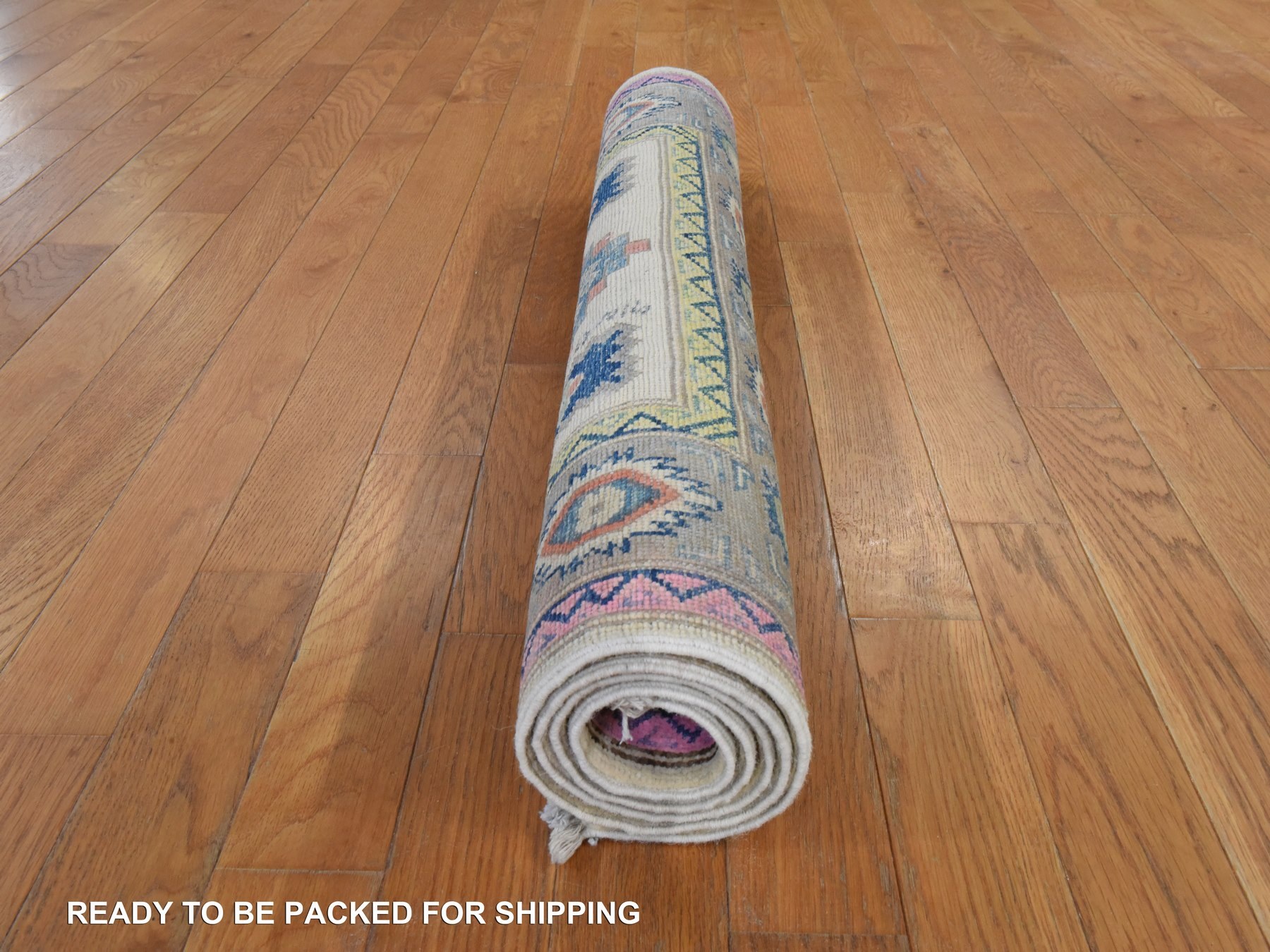 3'1"x4'9" Parchment White, Colorful Fusion Kazak with Geometric Design, Hand Knotted, Pure Wool, Oriental Rug HR78904 - Image 7