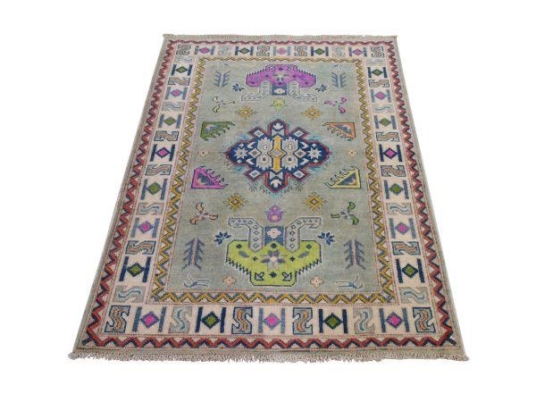 3'4"x4'9" Light Green, Colorful Fusion Kazak with Geometric Design, Hand Knotted, Pure Wool, Oriental Rug HR78905