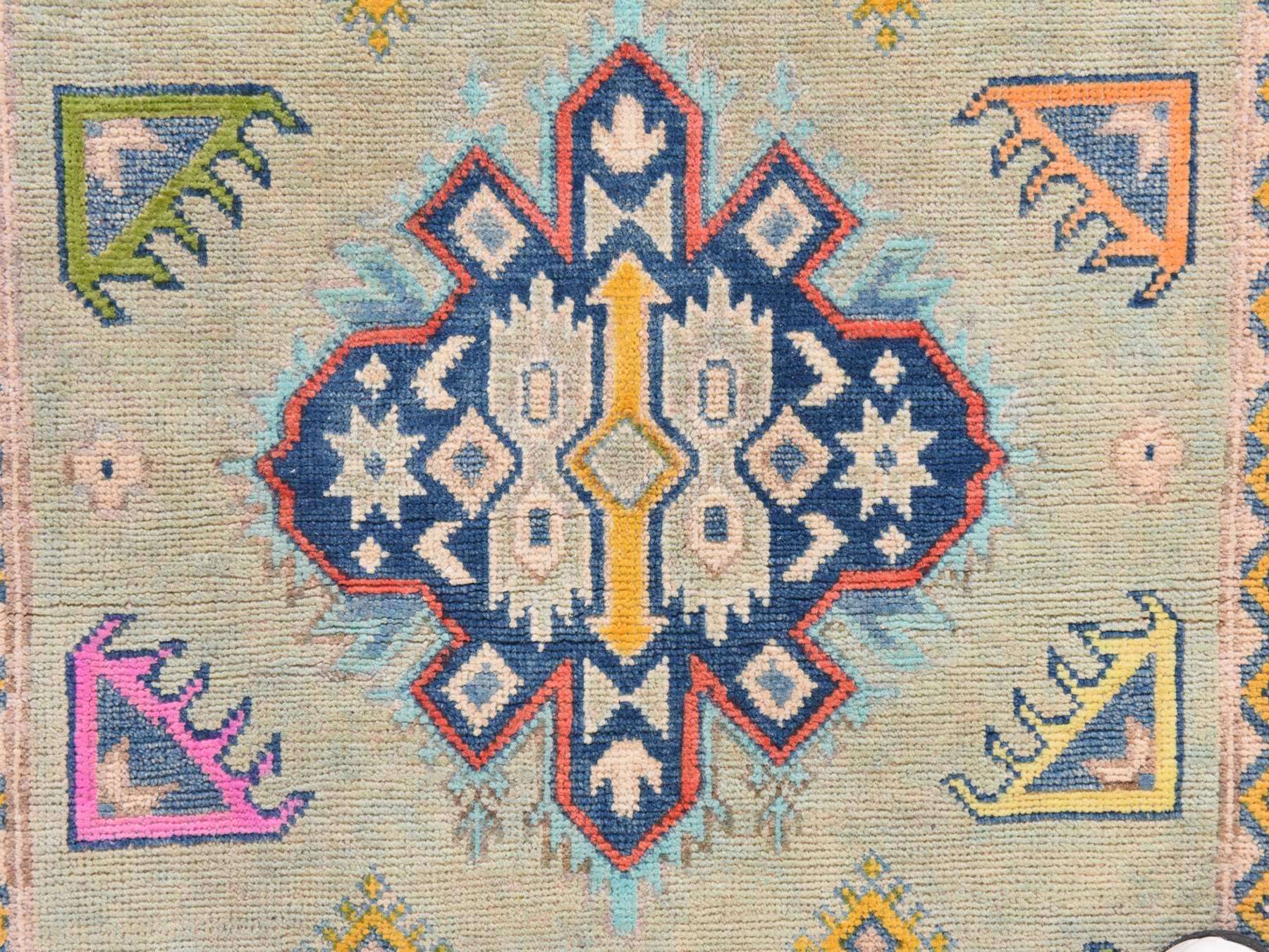 3'4"x4'9" Light Green, Colorful Fusion Kazak with Geometric Design, Hand Knotted, Pure Wool, Oriental Rug HR78905 - Image 3
