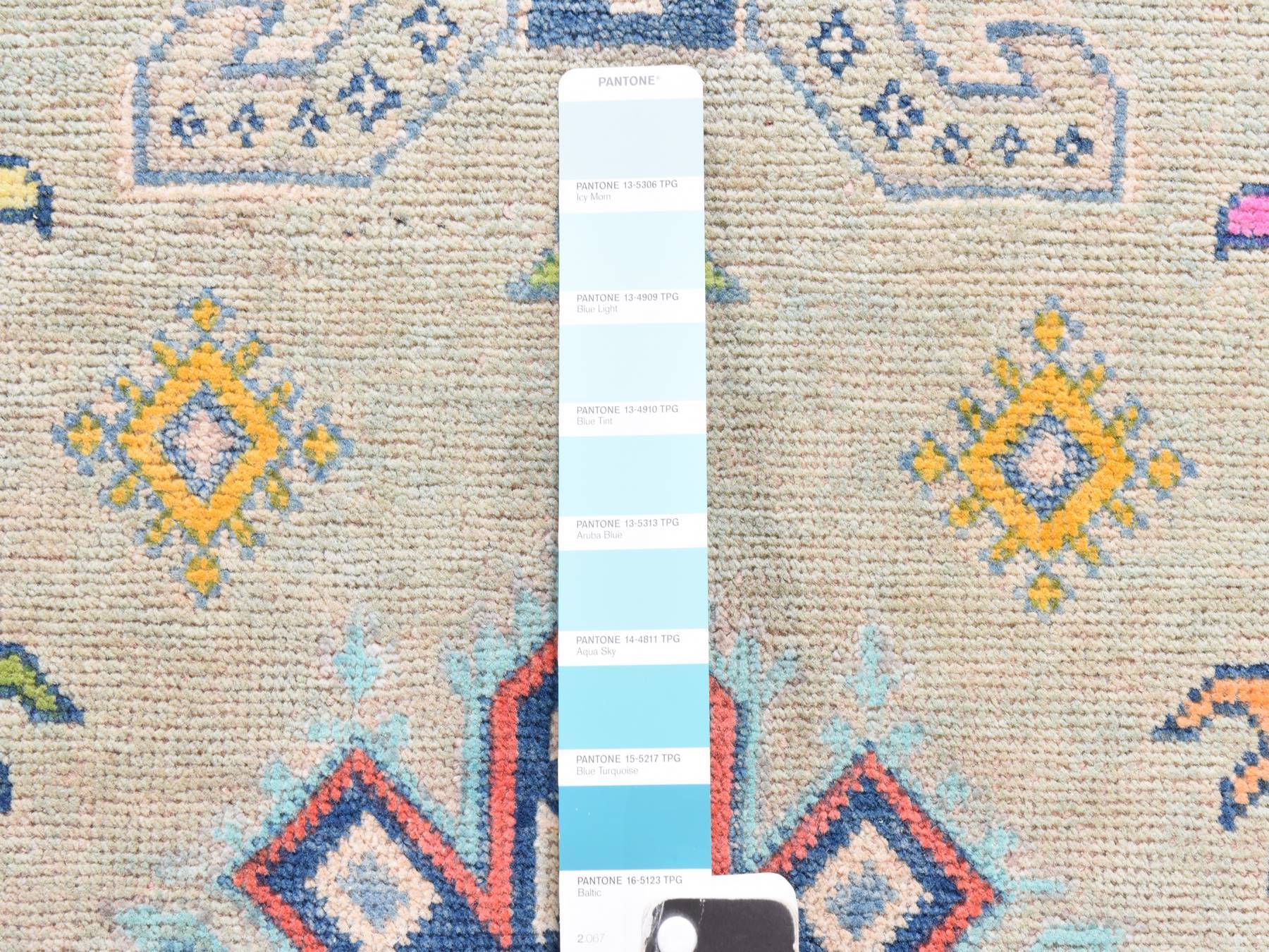 3'4"x4'9" Light Green, Colorful Fusion Kazak with Geometric Design, Hand Knotted, Pure Wool, Oriental Rug HR78905 - Image 4