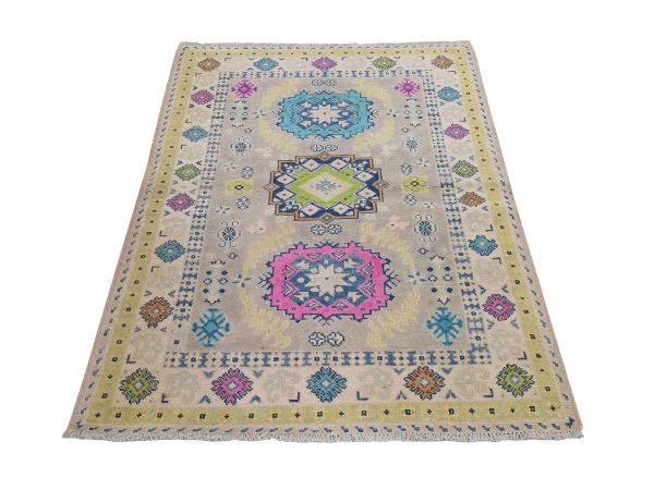 3'3"x5' Khaki Brown, Colorful Fusion Kazak with Geometric Design, Pure Wool, Hand Knotted, Oriental Rug HR78907