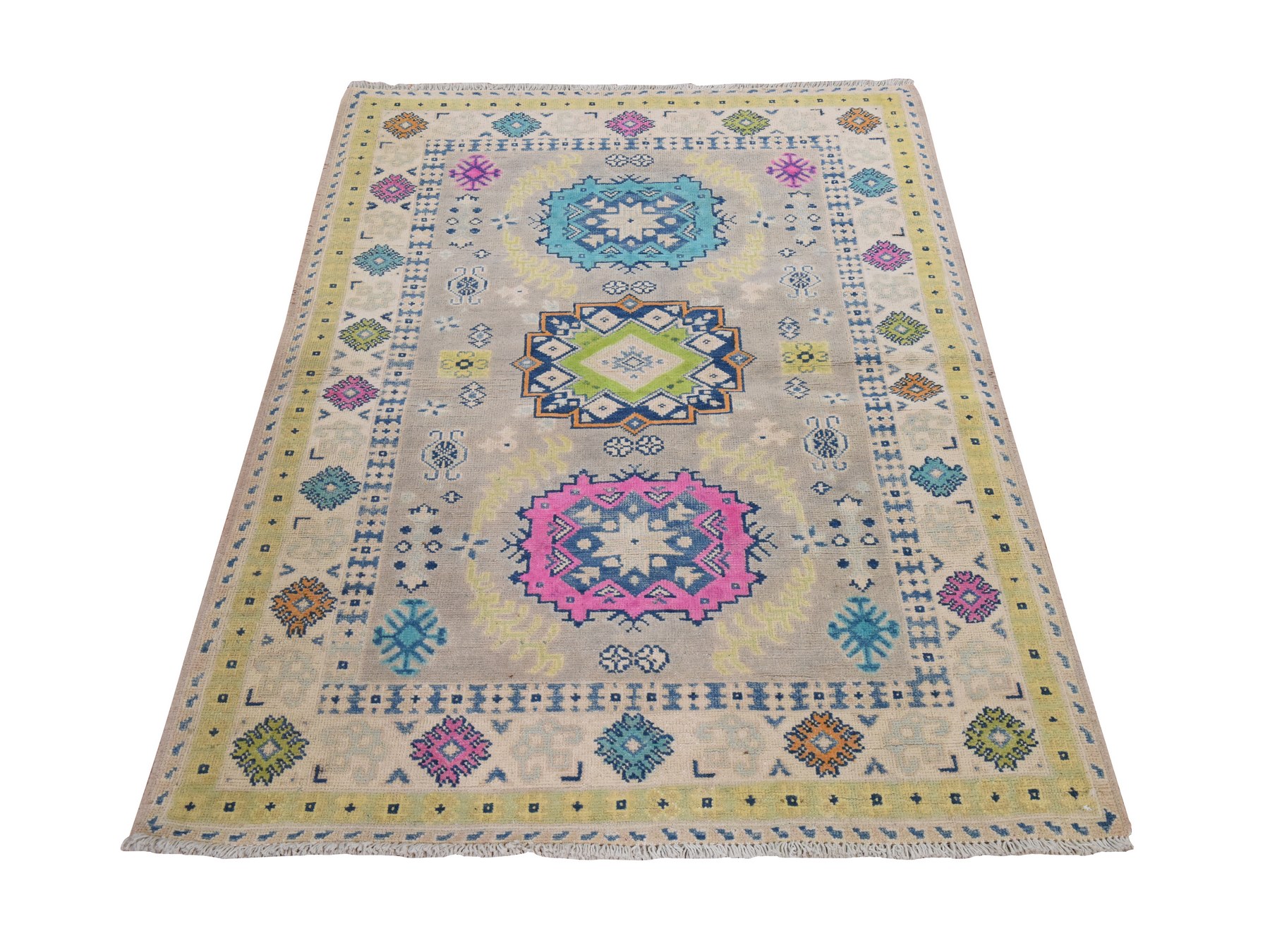 3'3"x5' Khaki Brown, Colorful Fusion Kazak with Geometric Design, Pure Wool, Hand Knotted, Oriental Rug HR78907