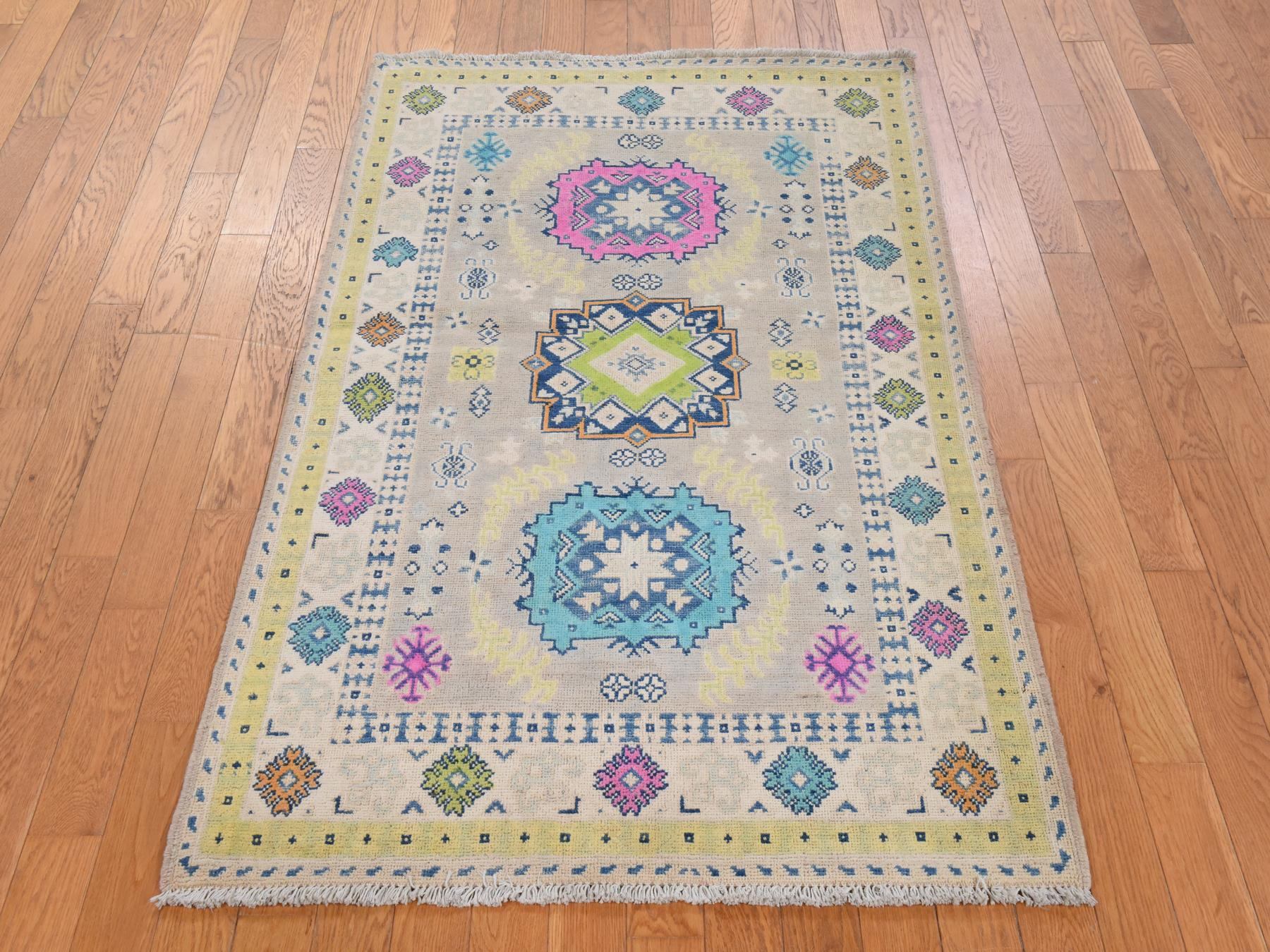 3'3"x5' Khaki Brown, Colorful Fusion Kazak with Geometric Design, Pure Wool, Hand Knotted, Oriental Rug HR78907 - Image 2