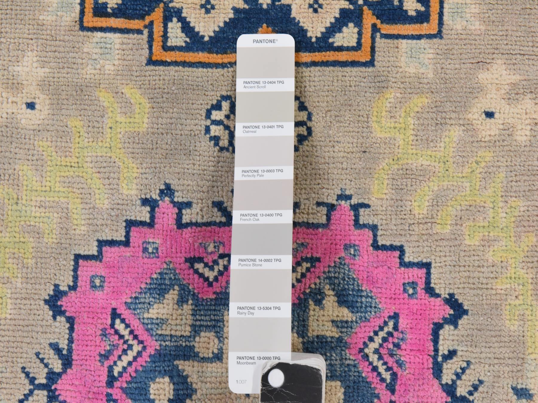 3'3"x5' Khaki Brown, Colorful Fusion Kazak with Geometric Design, Pure Wool, Hand Knotted, Oriental Rug HR78907 - Image 4