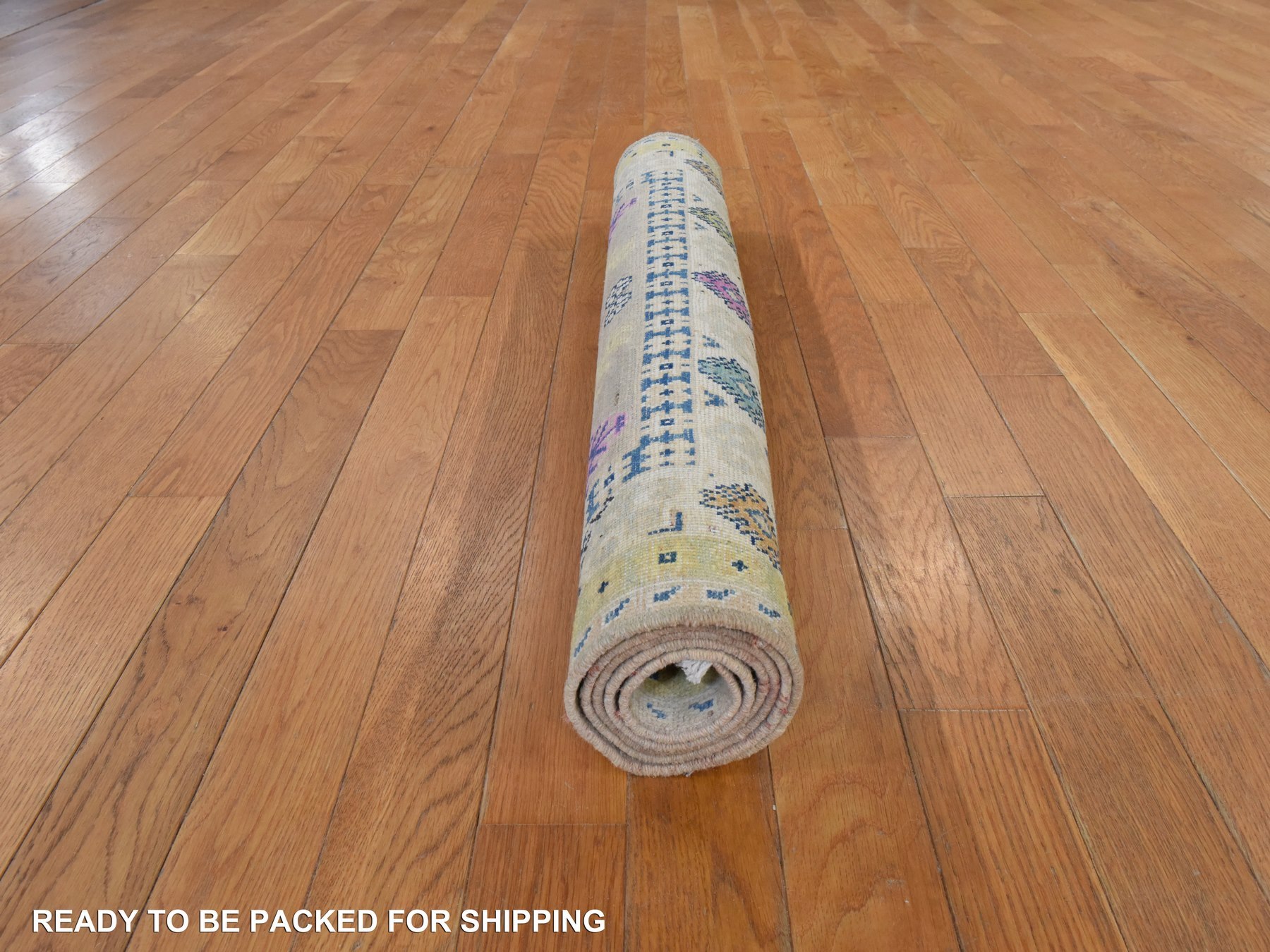 3'3"x5' Khaki Brown, Colorful Fusion Kazak with Geometric Design, Pure Wool, Hand Knotted, Oriental Rug HR78907 - Image 7