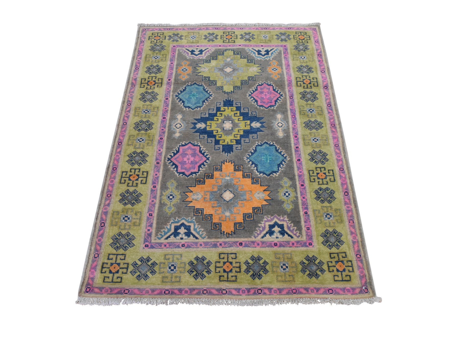 3'2"x4'9" Khaki Brown, Colorful Fusion Kazak with Geometric Design, Pure Wool, Hand Knotted, Oriental Rug HR78909
