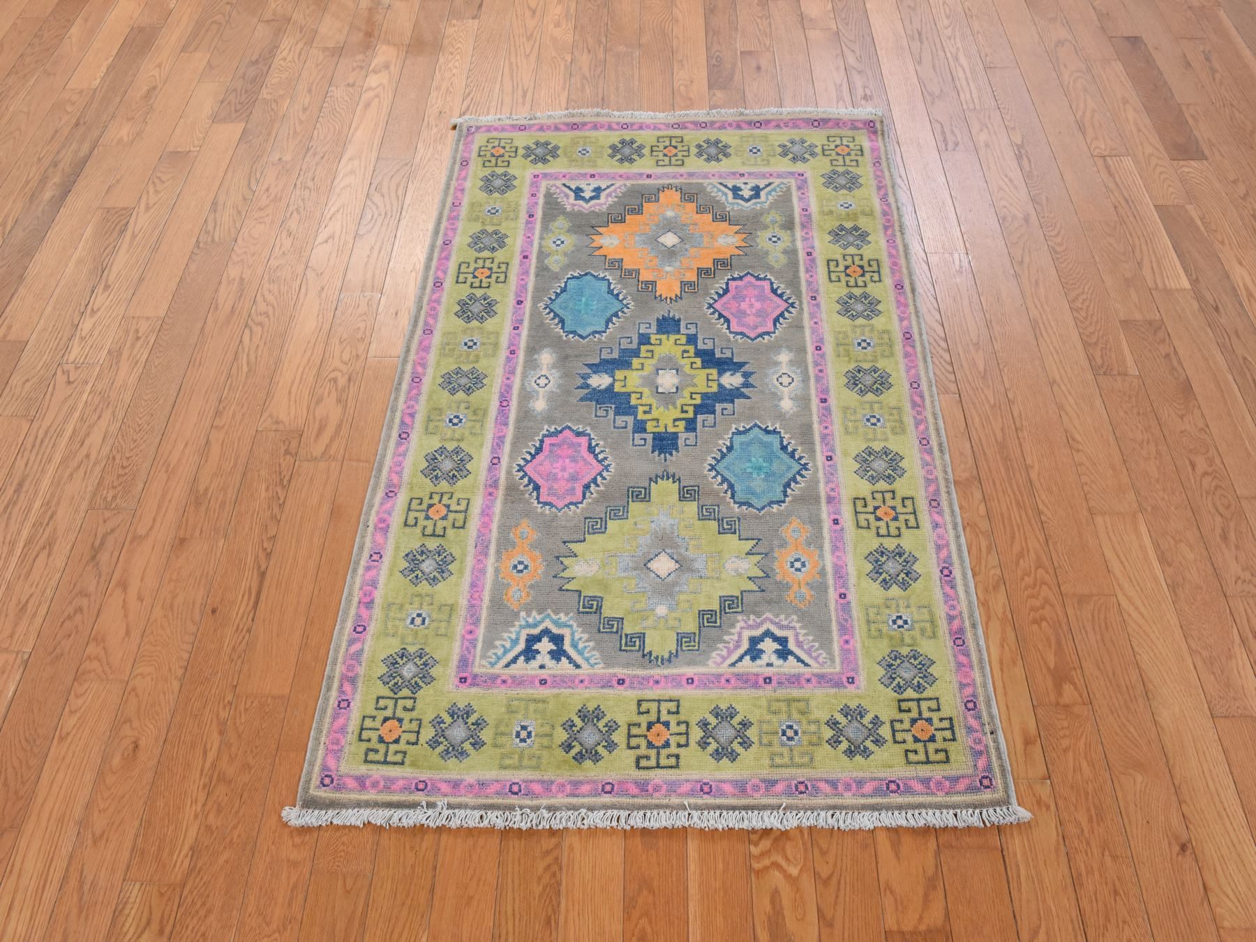3'2"x4'9" Khaki Brown, Colorful Fusion Kazak with Geometric Design, Pure Wool, Hand Knotted, Oriental Rug HR78909 - Image 2