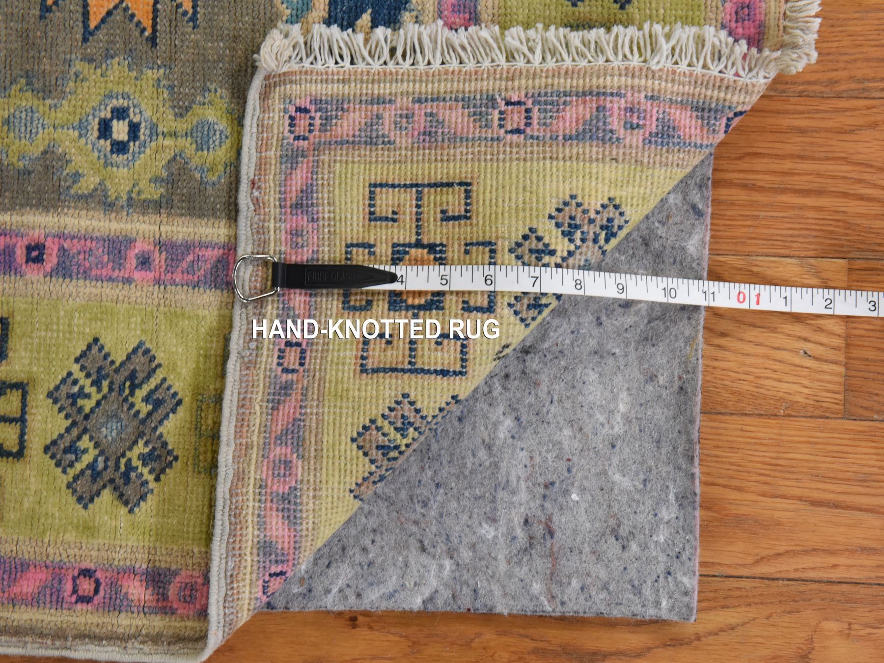 3'2"x4'9" Khaki Brown, Colorful Fusion Kazak with Geometric Design, Pure Wool, Hand Knotted, Oriental Rug HR78909 - Image 5