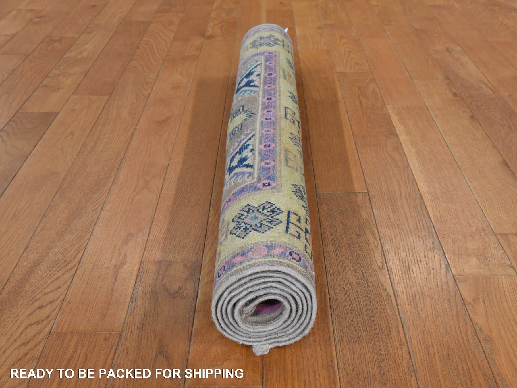 3'2"x4'9" Khaki Brown, Colorful Fusion Kazak with Geometric Design, Pure Wool, Hand Knotted, Oriental Rug HR78909 - Image 7