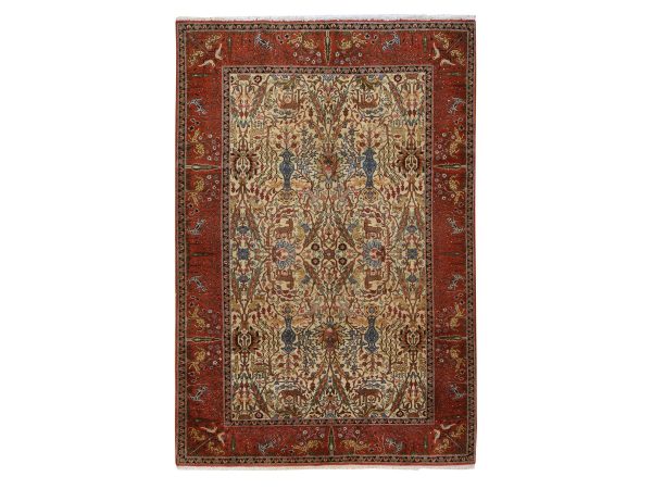 6'6"x9'8" Chiffon White, Vintage Persian Tabriz with All Over Design, Woven Animals, Clean and Soft, Sides and Ends Professionally Secured, 100% Wool, Hand Knotted, Oriental Rug HR78912