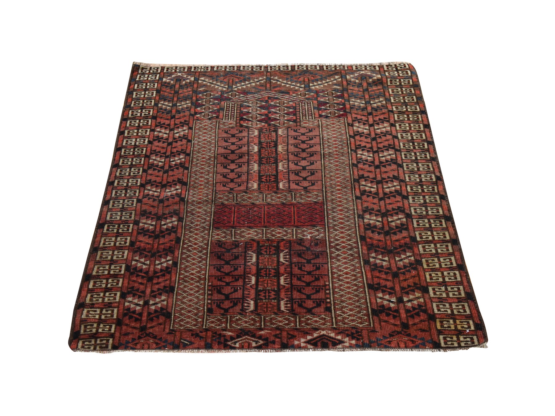 3'6"x3'6" Syrah Red, Antique Torkaman Hutchlu Design, Clean, Even Wear, Low Pile, Sides and Ends Professionally Secured, Hand Knotted, 100% Wool, Square, Oriental Rug HR78915