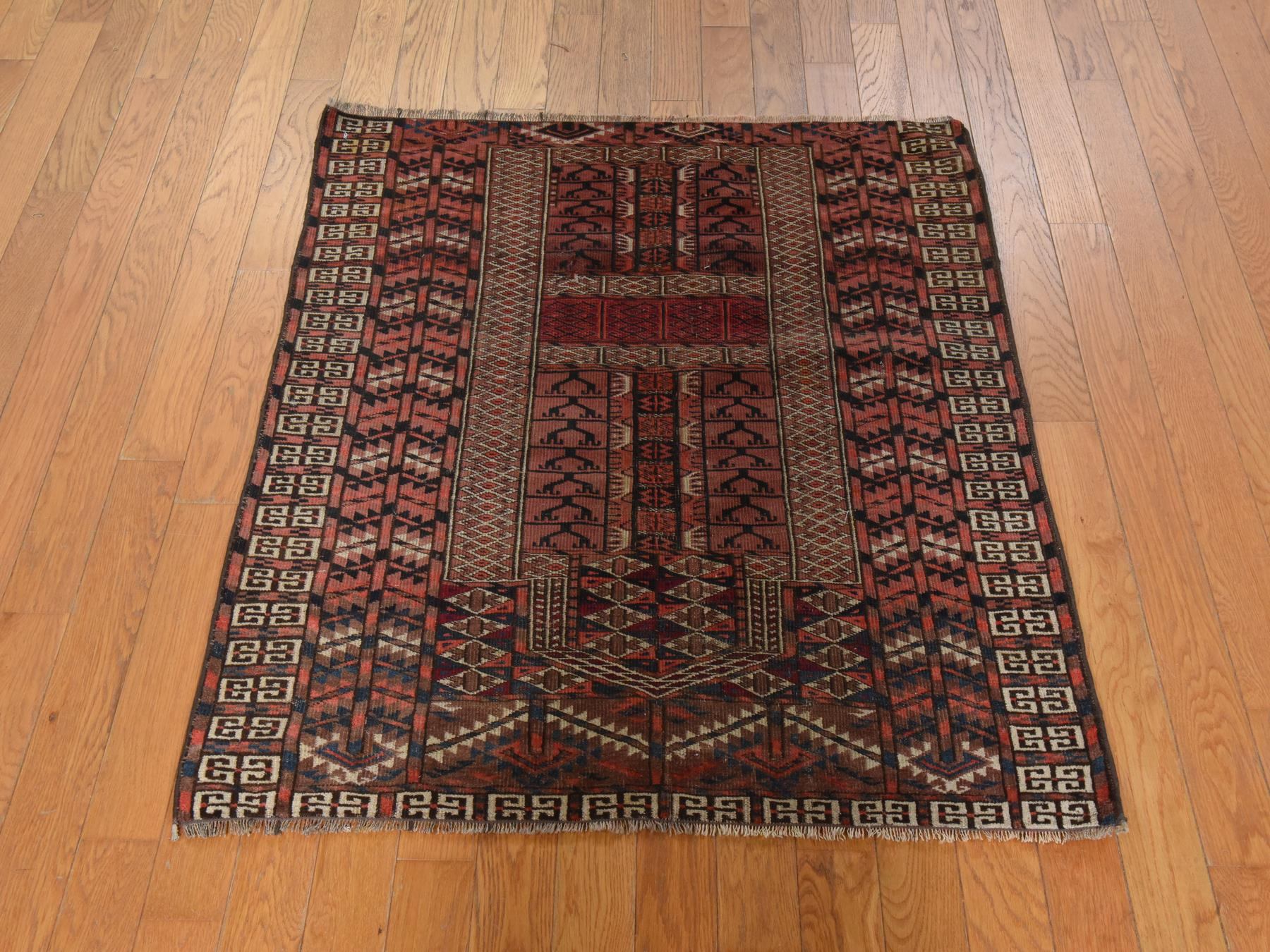 3'6"x3'6" Syrah Red, Antique Torkaman Hutchlu Design, Clean, Even Wear, Low Pile, Sides and Ends Professionally Secured, Hand Knotted, 100% Wool, Square, Oriental Rug HR78915 - Image 2