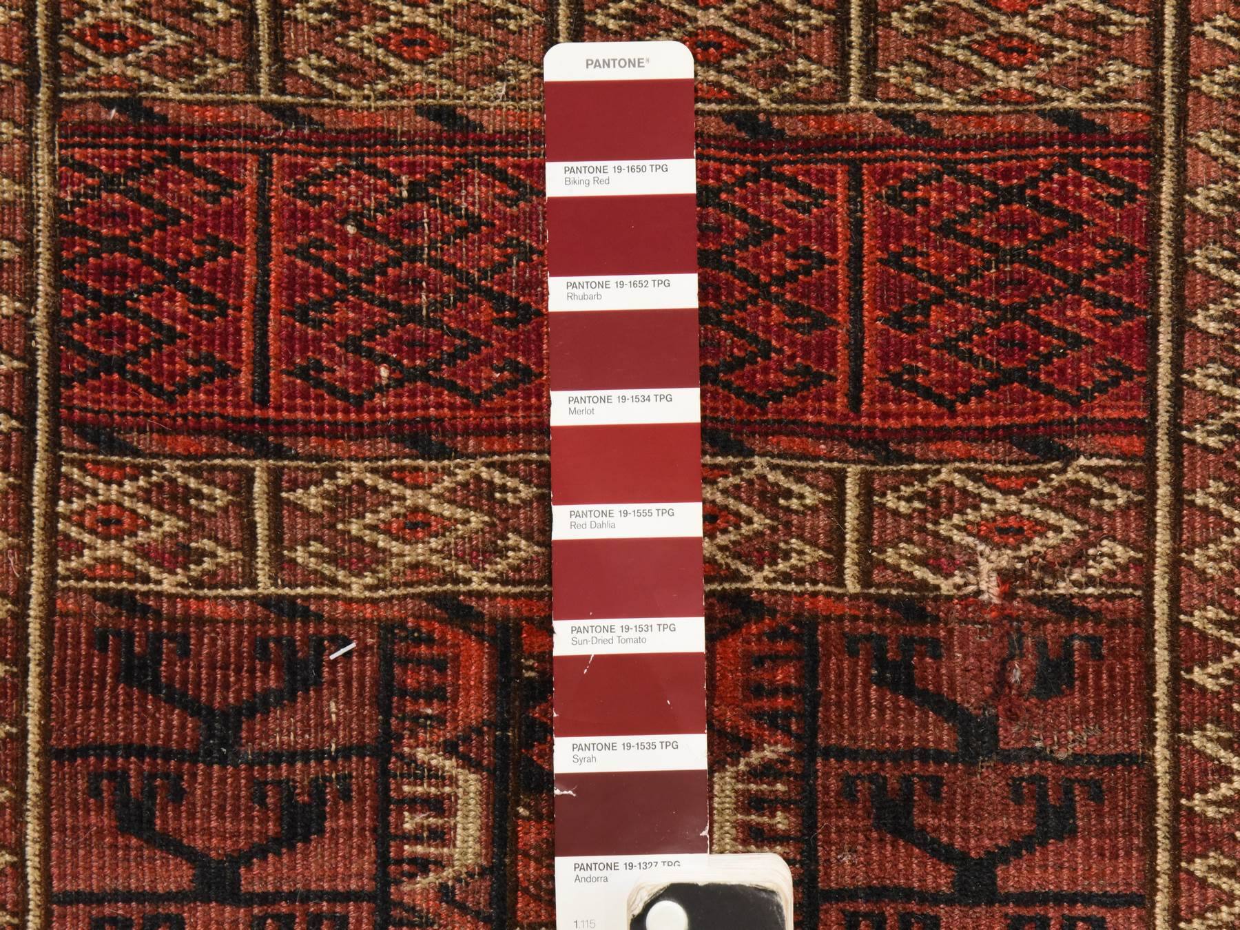 3'6"x3'6" Syrah Red, Antique Torkaman Hutchlu Design, Clean, Even Wear, Low Pile, Sides and Ends Professionally Secured, Hand Knotted, 100% Wool, Square, Oriental Rug HR78915 - Image 4